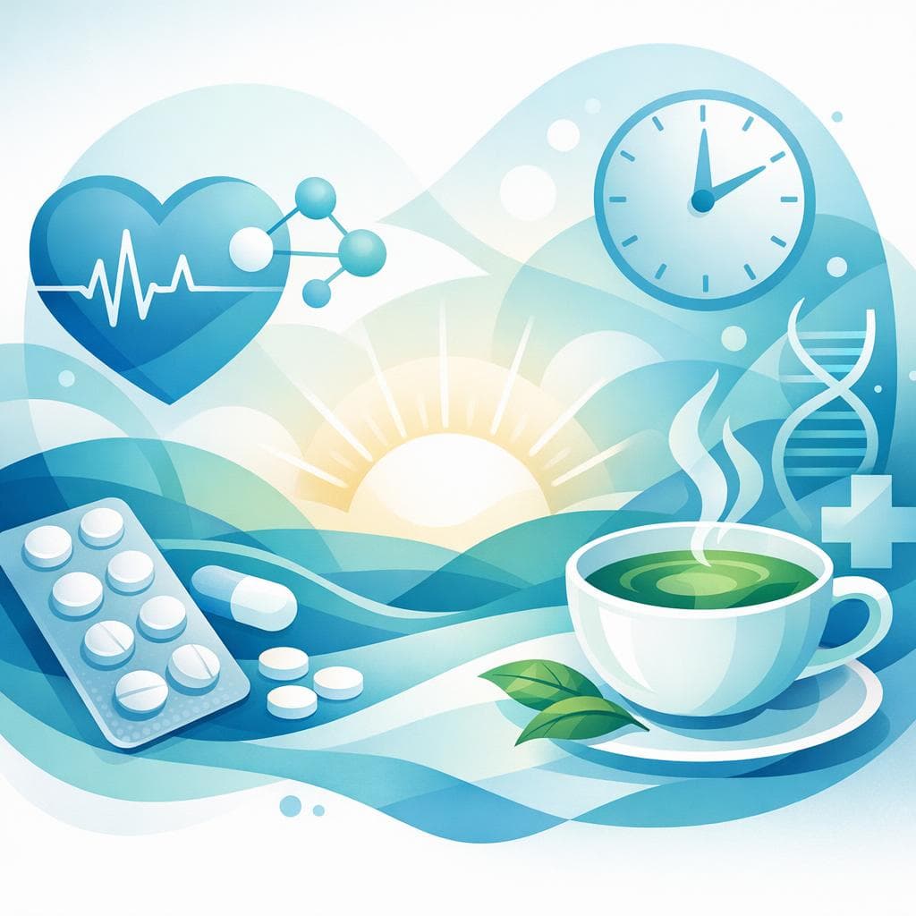 Medical illustration for 미국 NIH 자료 기반 | 메토프로롤 복용 중인데 아침에 녹차를 마셔도 되나요? 카페인이 약효나 부작용(저혈압·서맥)에 영향을 줄 수 있나요? - Persly Health Information