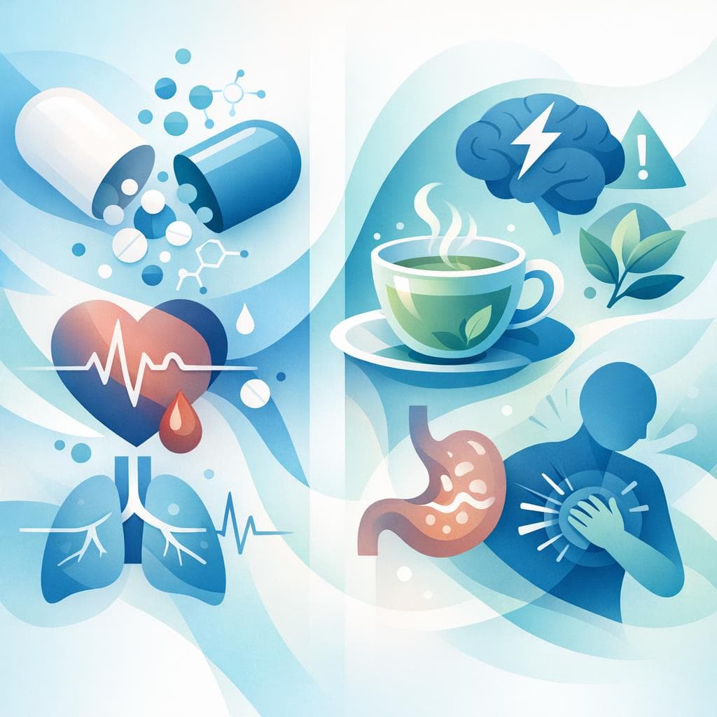 Medical illustration for Based on PubMed | Is it safe to drink green tea while taking metoprolol, or could it increase the risk of side effects such as dizziness, low blood pressure, or slow heart rate? - Persly Health Information