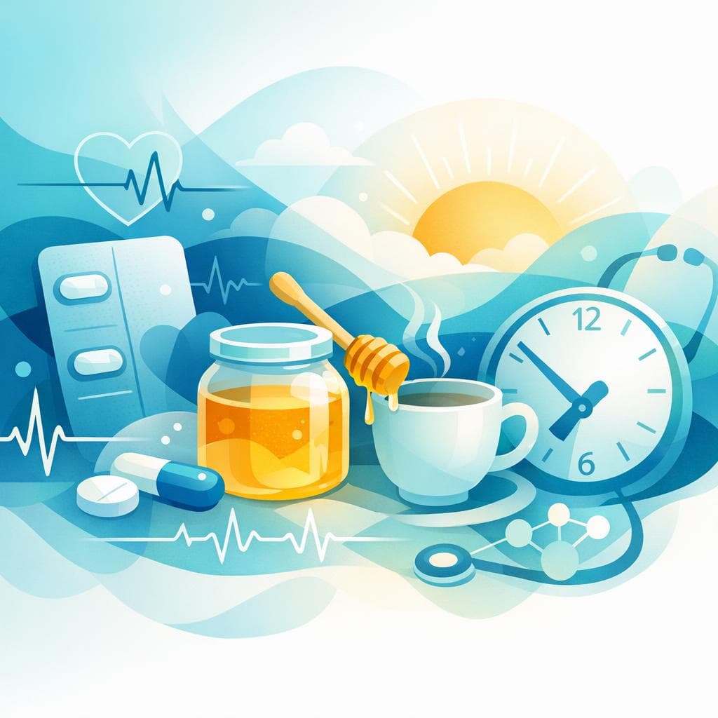 Medical illustration for 미국 NIH 자료 기반 | 메토프롤롤을 아침에 복용할 때 꿀이나 꿀물을 함께 섭취하면 약물 흡수나 혈압·심박 조절 효과에 영향을 준다는 말이 사실인가요? - Persly Health Information