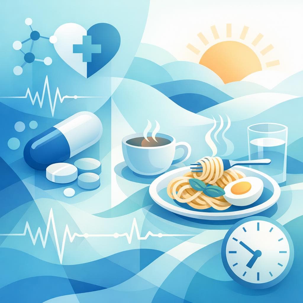 Medical illustration for 미국 NIH 자료 기반 | 메토프로롤은 아침에 파스타를 먹은 직후에 복용해도 되나요, 아니면 공복에 복용해야 하나요? - Persly Health Information