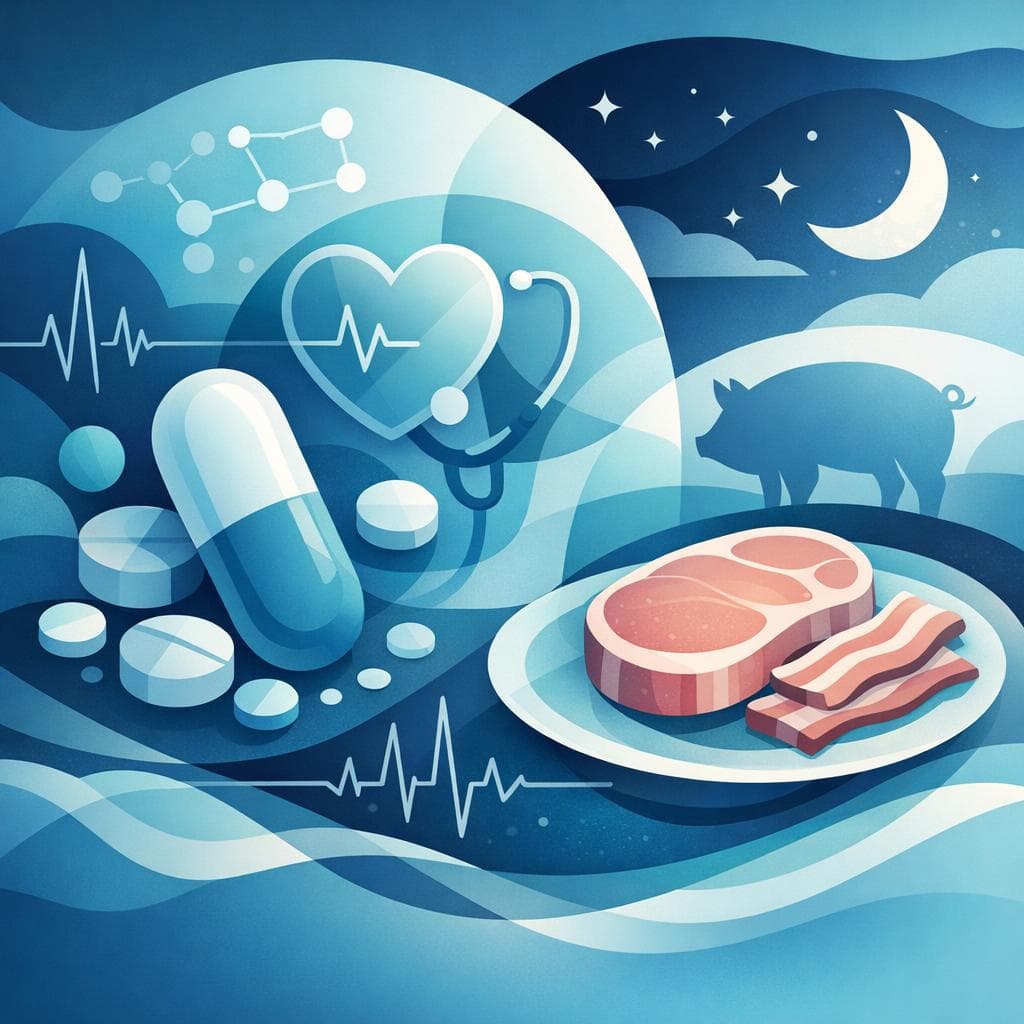 Medical illustration for Based on NIH | Is it safe to take metoprolol after eating pork at night, or could a high-fat pork meal affect its absorption or blood pressure control? - Persly Health Information