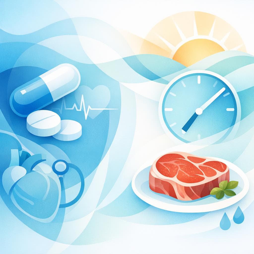 Medical illustration for 미국 NIH 자료 기반 | 메토프로롤을 복용할 때 아침 식사로 붉은 고기를 먹으면 약물 흡수나 효과에 영향을 주거나 피해야 하나요? - Persly Health Information