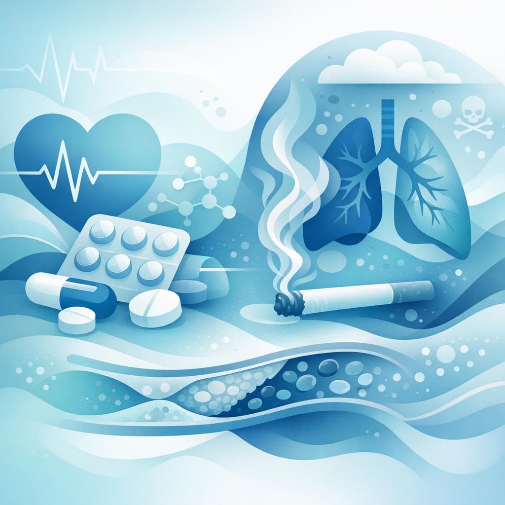 Medical illustration for Based on NIH | Is it safe to smoke after taking metoprolol, and does cigarette smoking or nicotine reduce its effectiveness or increase risks like dizziness, low blood pressure, or heart rate changes? - Persly Health Information