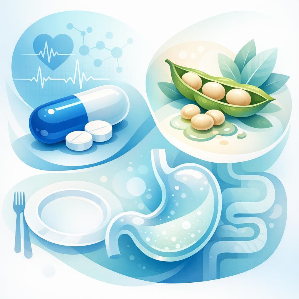 Medical illustration for Based on NIH | Is it okay to take metoprolol on an empty stomach, and do soy foods or soy milk interfere with its absorption or effectiveness? - Persly Health Information
