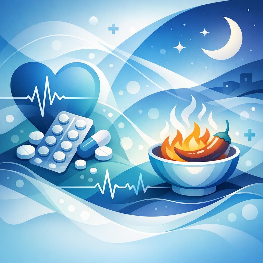 Medical illustration for 미국 NIH 자료 기반 | 메토프롤롤을 복용 중인데 밤에 매운 음식을 먹으면 약의 흡수나 효과, 부작용에 영향이 있나요? - Persly Health Information