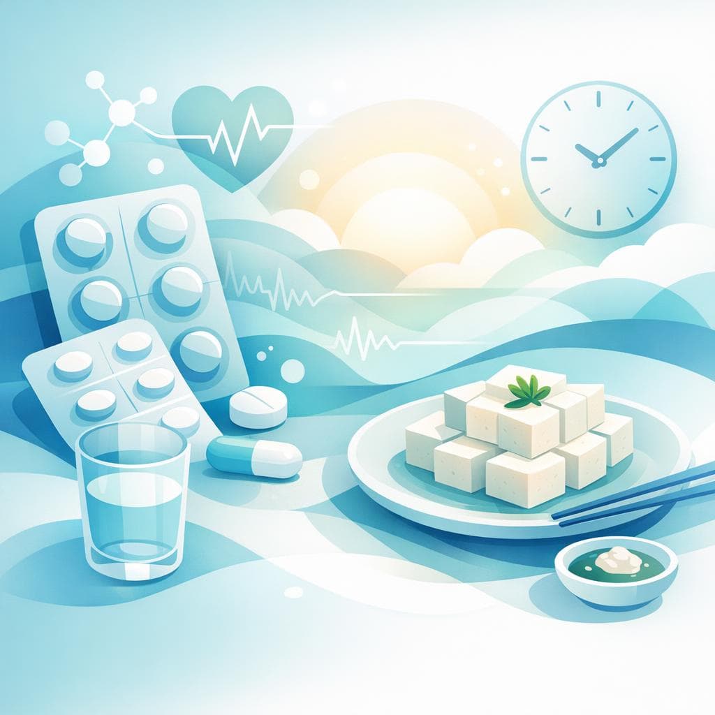 Medical illustration for Based on PubMed | Can I eat tofu for breakfast while taking metoprolol, or does soy interfere with its absorption or effectiveness? - Persly Health Information