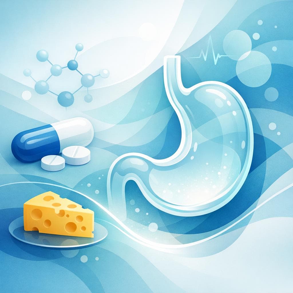 Medical illustration for 미국 NIH 자료 기반 | 나프록센을 공복에 복용해도 되는지, 치즈 같은 유제품과 함께 먹으면 상호작용이나 위장 자극이 발생할 수 있는지 사실인가요? - Persly Health Information