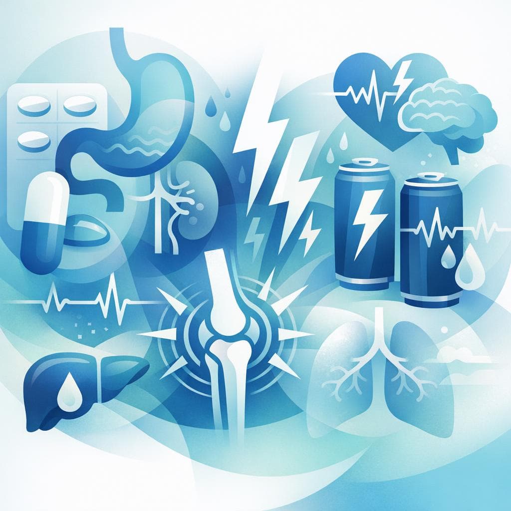 Medical illustration for 미국 NIH 자료 기반 | 나프록센 복용 중 에너지 음료를 마시면 위장 자극이나 출혈 등 부작용 위험이 높아진다는 게 사실인가요? - Persly Health Information