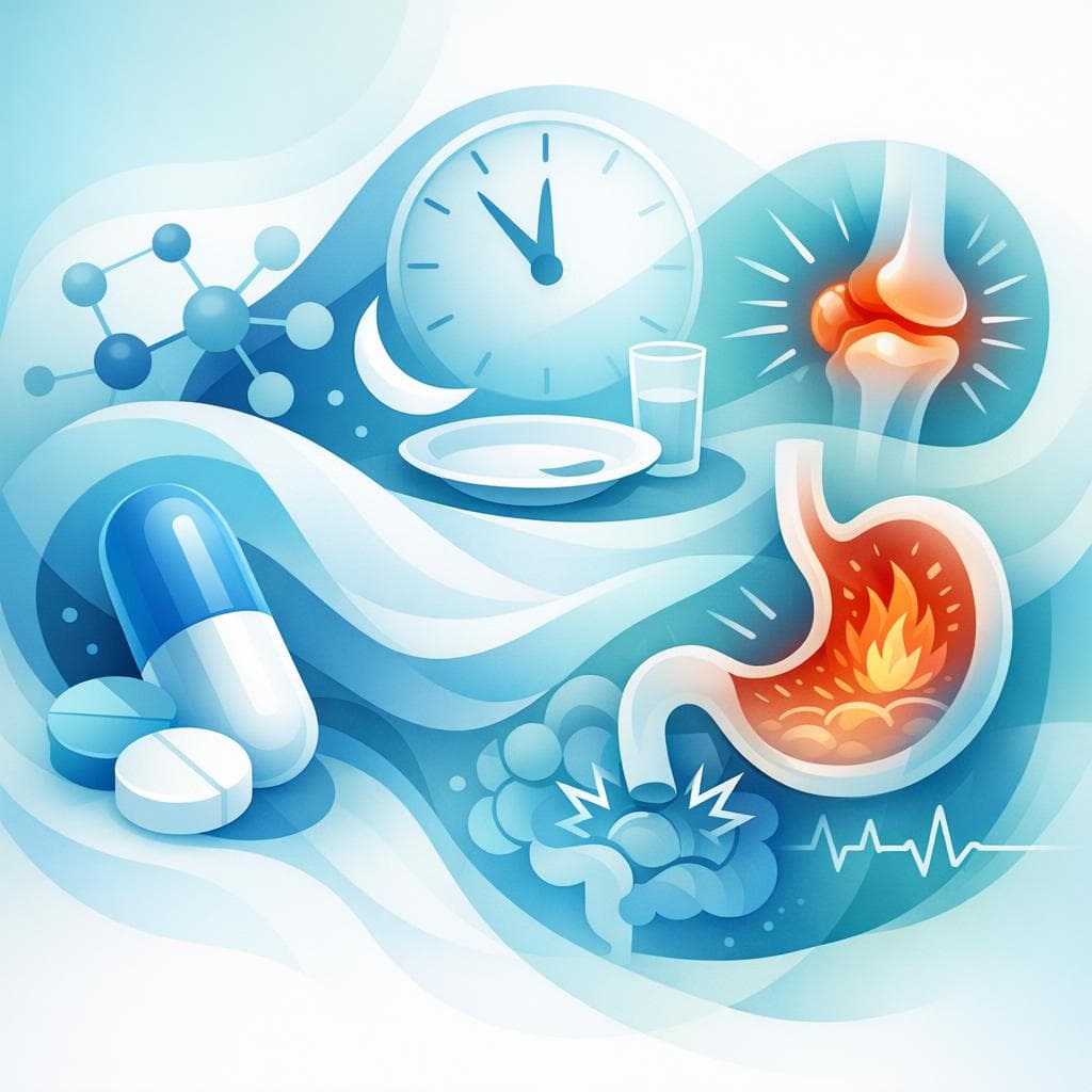 Medical illustration for 미국 NIH 자료 기반 | 나프록센을 단식 중(공복)에 복용하면 위장 장애나 출혈 등 부작용 위험이 증가하나요? - Persly Health Information