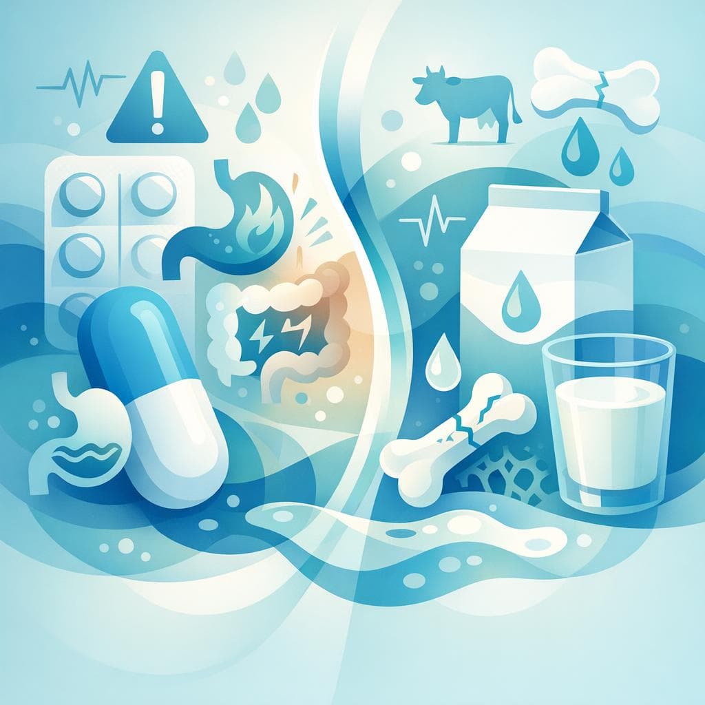 Medical illustration for PubMed 자료 기반 | 나프록센을 우유와 함께 복용하면 위장 부작용 위험이 줄어든다는 말이 사실인가요? - Persly Health Information