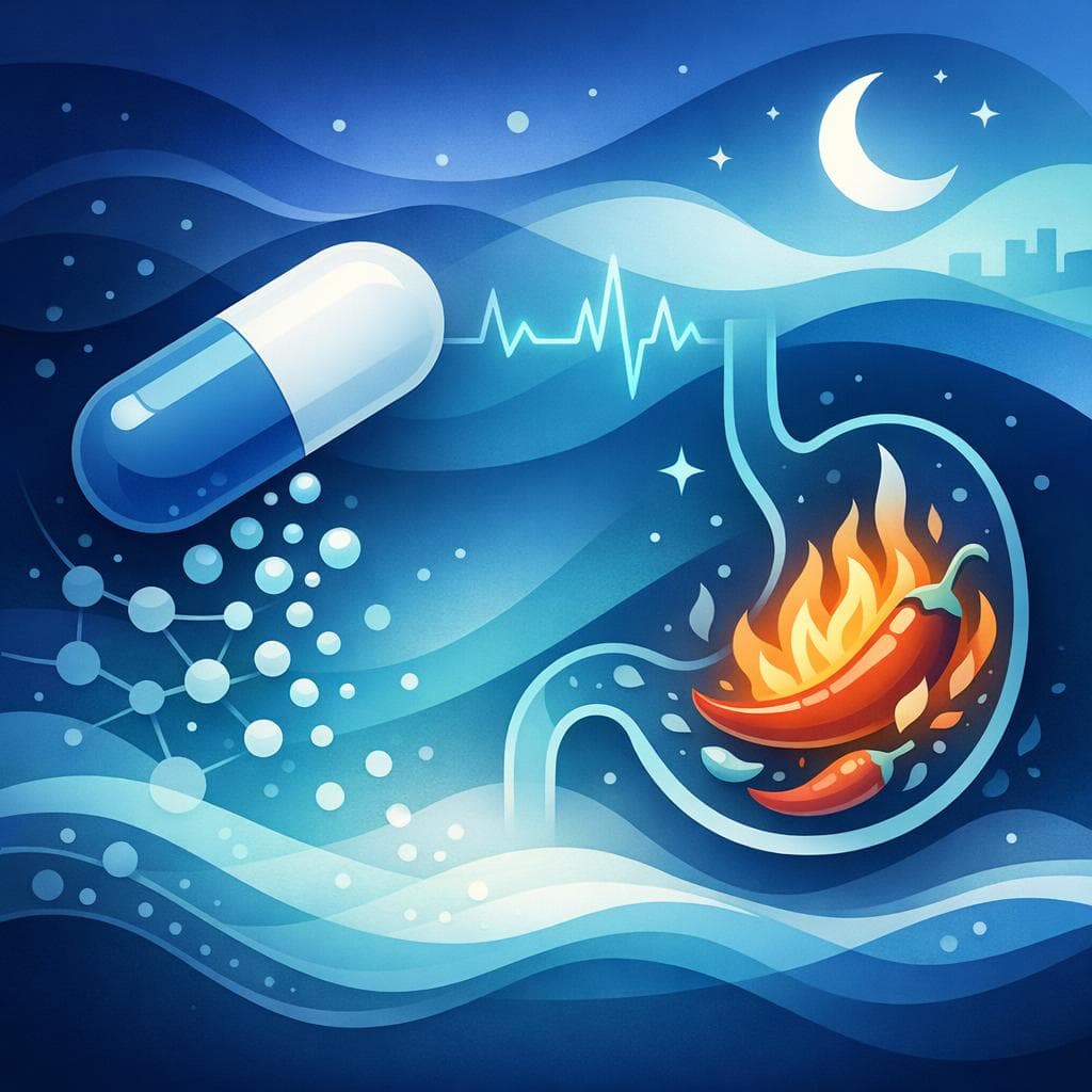 Medical illustration for 미국 NIH 자료 기반 | 나프록센 복용 중이라면 밤에 매운 음식을 먹는 것이 위장 자극을 악화시키거나 속쓰림 위험을 높일 수 있나요? - Persly Health Information