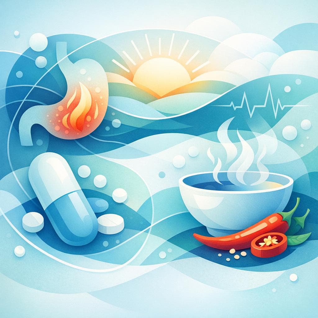 Medical illustration for 미국 NIH 자료 기반 | 아침에 매운 음식을 먹은 직후 나프록센을 복용해도 괜찮나요? - Persly Health Information