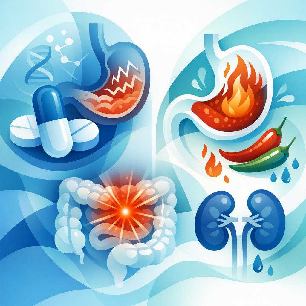 Medical illustration for 미국 NIH 자료 기반 | 나프록센을 복용할 때 매운 음식을 먹으면 속쓰림이나 위장 출혈 같은 부작용 위험이 커지나요? - Persly Health Information