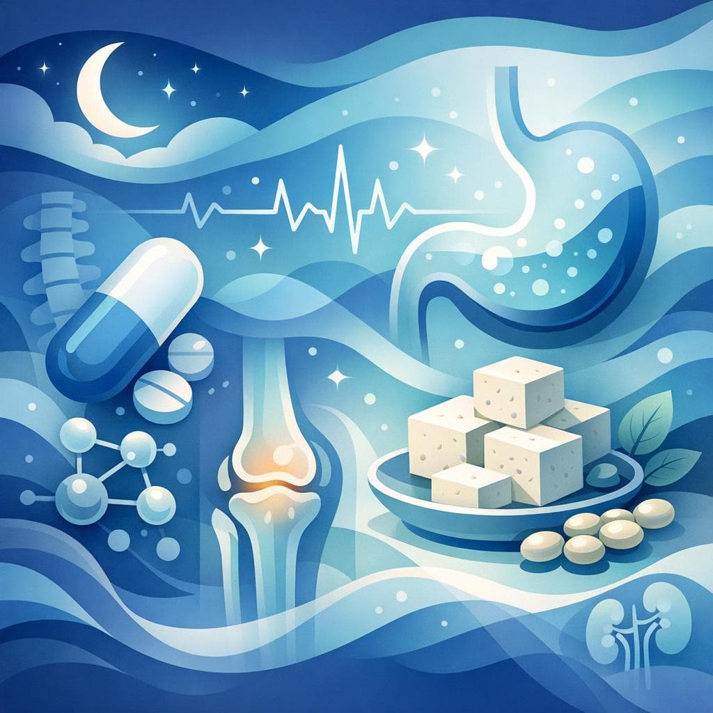 Medical illustration for PubMed 자료 기반 | 나프록센을 복용 중인데 밤에 두부를 먹으면 약물 흡수나 위장 부작용에 영향을 줄 수 있나요? - Persly Health Information