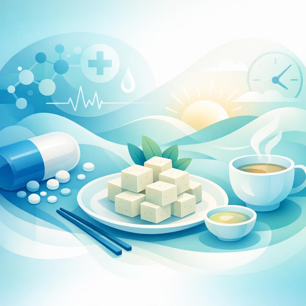 Medical illustration for 미국 NIH 자료 기반 | 아침에 두부를 먹은 직후 나프록센을 복용해도 상호작용이나 흡수 저하, 위장 부작용 위험이 있나요? - Persly Health Information