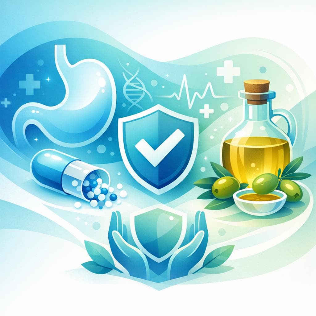 Medical illustration for 미국 NIH 자료 기반 | 오메프라졸 복용 중에 매일 올리브유를 섭취해도 안전한가요? - Persly Health Information