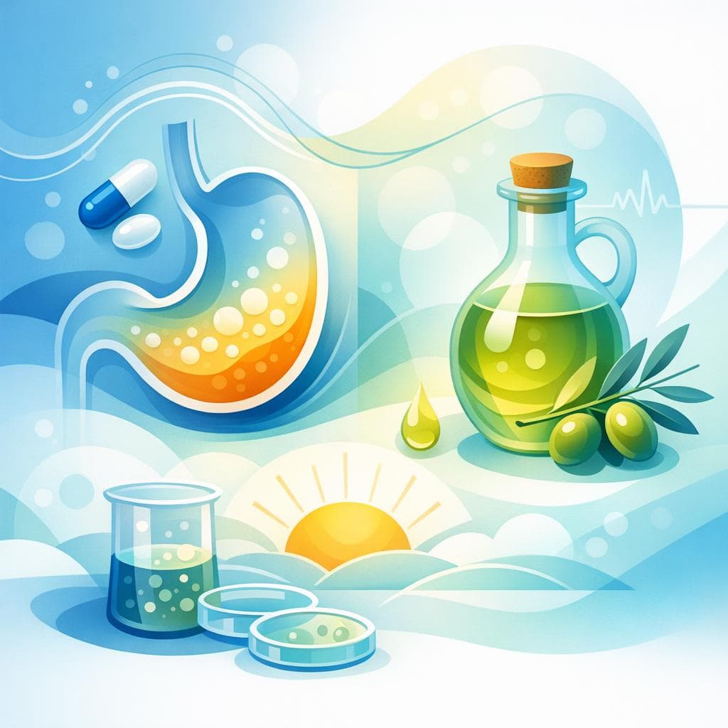 Medical illustration for 미국 NIH 자료 기반 | Omeprazole을 복용 중인데 아침 공복에 올리브 오일을 섭취하면 약 흡수나 효과에 영향을 주거나 상호작용이 있나요? - Persly Health Information