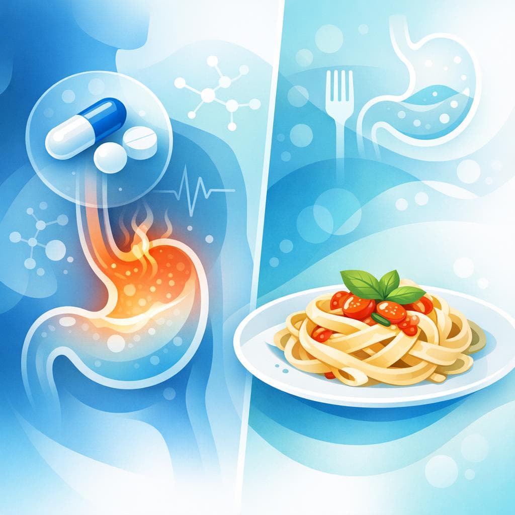 Medical illustration for Based on NIH | Is it okay to eat pasta before taking omeprazole, or should it be taken on an empty stomach? - Persly Health Information