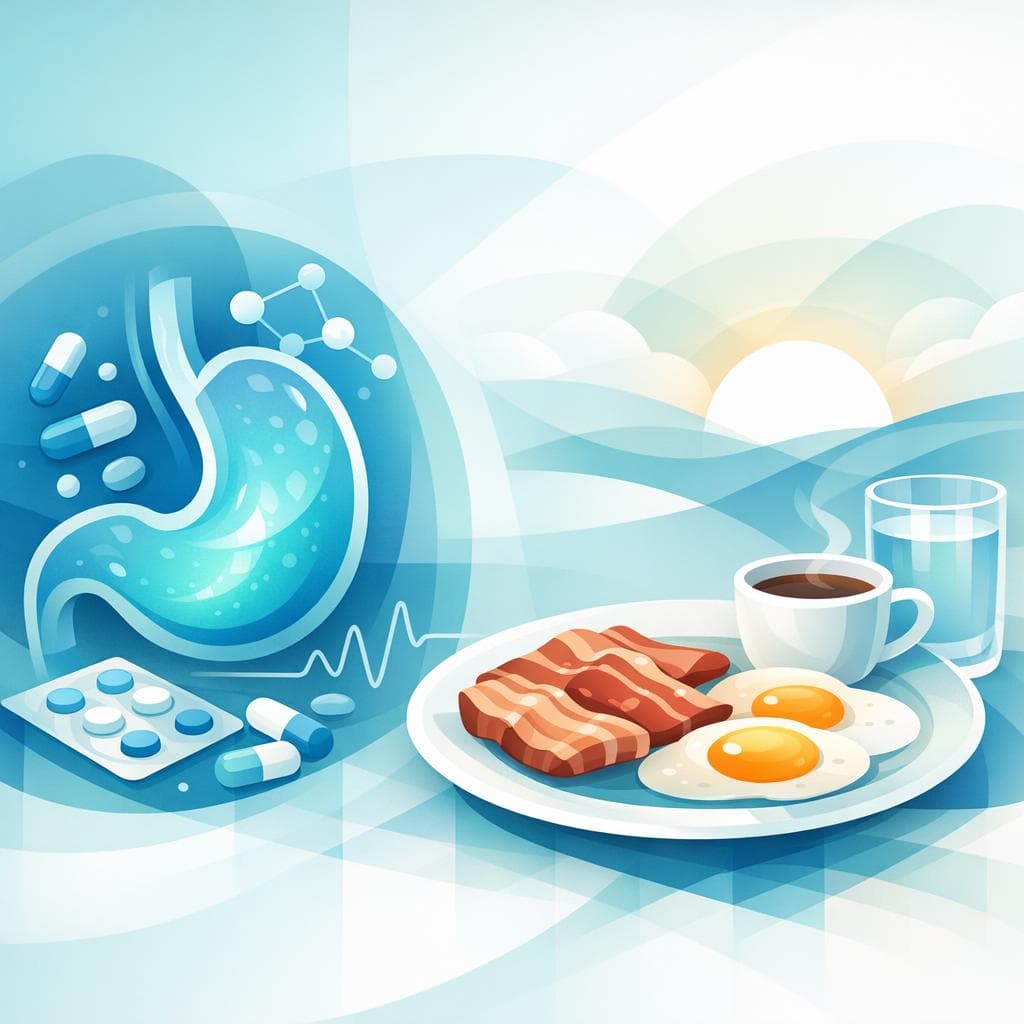 Medical illustration for 미국 NIH 자료 기반 | 오메프라졸을 아침에 돼지고기와 함께 복용해도 약효나 안전성에 문제가 없나요? - Persly Health Information