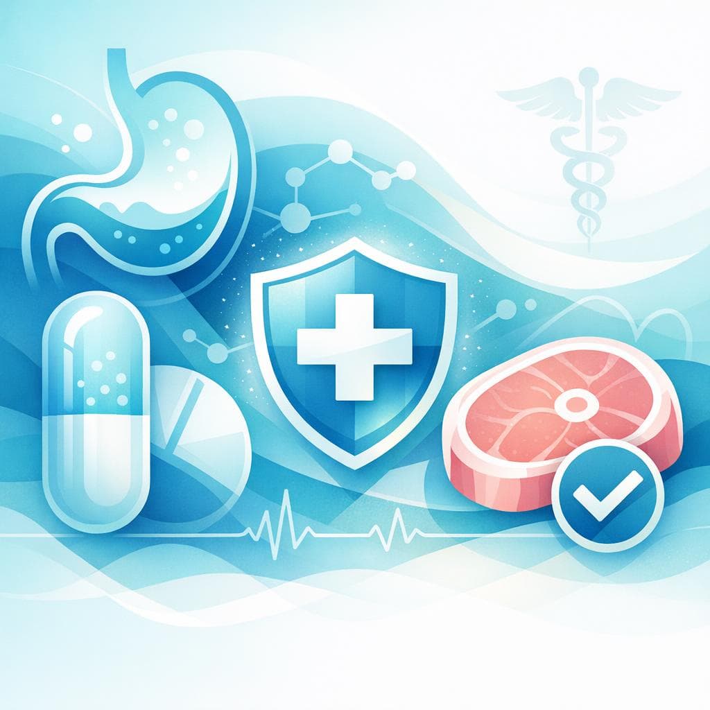 Medical illustration for Based on NIH | Are there any known interactions between omeprazole and eating pork or pork-derived products, and is it safe to consume them while taking this medication? - Persly Health Information