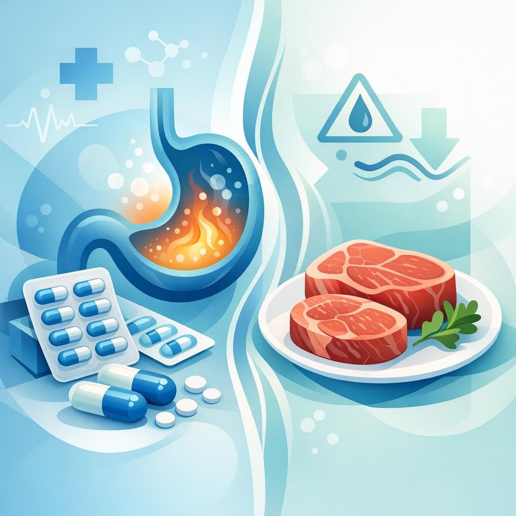 Medical illustration for Based on NIH | Is it true that eating red meat right before taking omeprazole reduces its effectiveness or increases side effects? - Persly Health Information