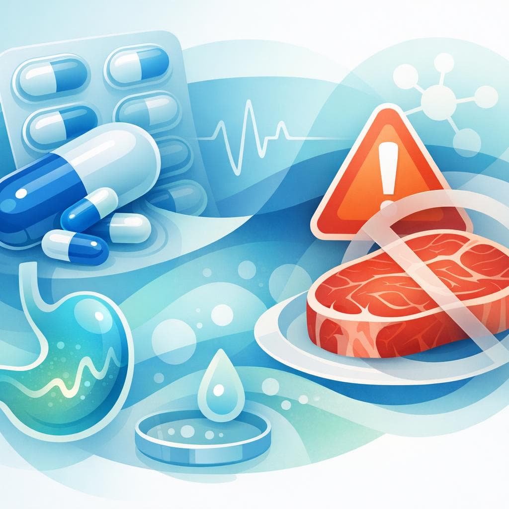 Medical illustration for Based on NIH | Is there any need to adjust the dose of omeprazole or exercise caution when consuming red meat? - Persly Health Information