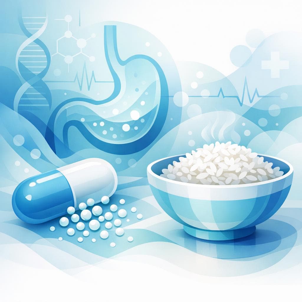 Medical illustration for Based on NIH | Is it true that you should eat rice before taking Omeprazole, and would eating rice affect its absorption or effectiveness? - Persly Health Information