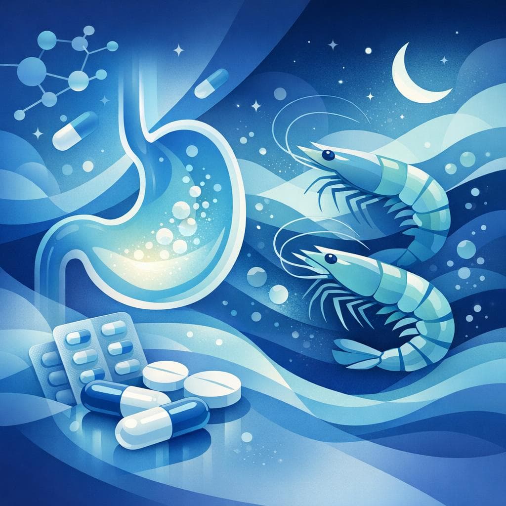 Medical illustration for Based on NIH | Does eating shrimp at night affect how omeprazole works or increase the risk of side effects? - Persly Health Information