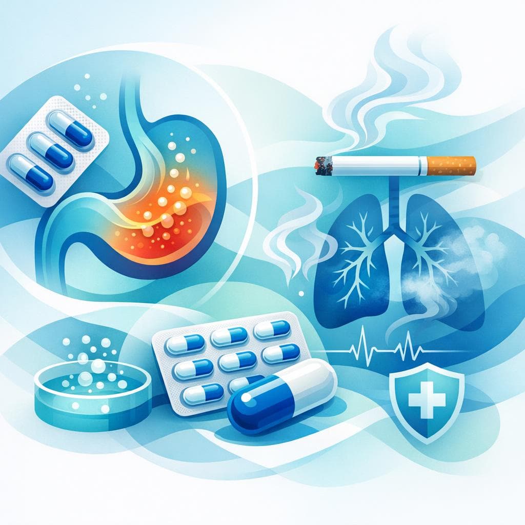 Medical illustration for Based on NIH | Does smoking a cigarette right before taking omeprazole reduce its effectiveness or cause any problems? - Persly Health Information