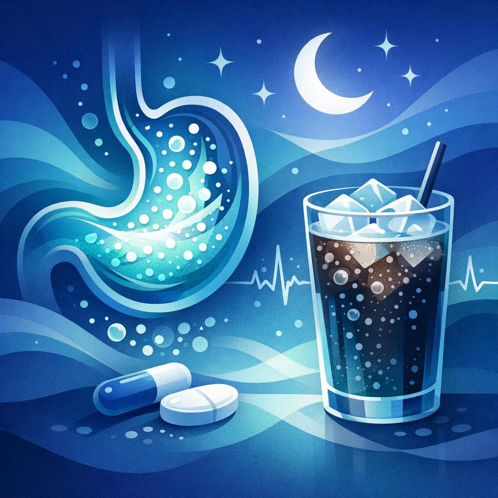 Medical illustration for Based on NIH | Does drinking soda at night interfere with omeprazole’s effectiveness or increase its side effects? - Persly Health Information