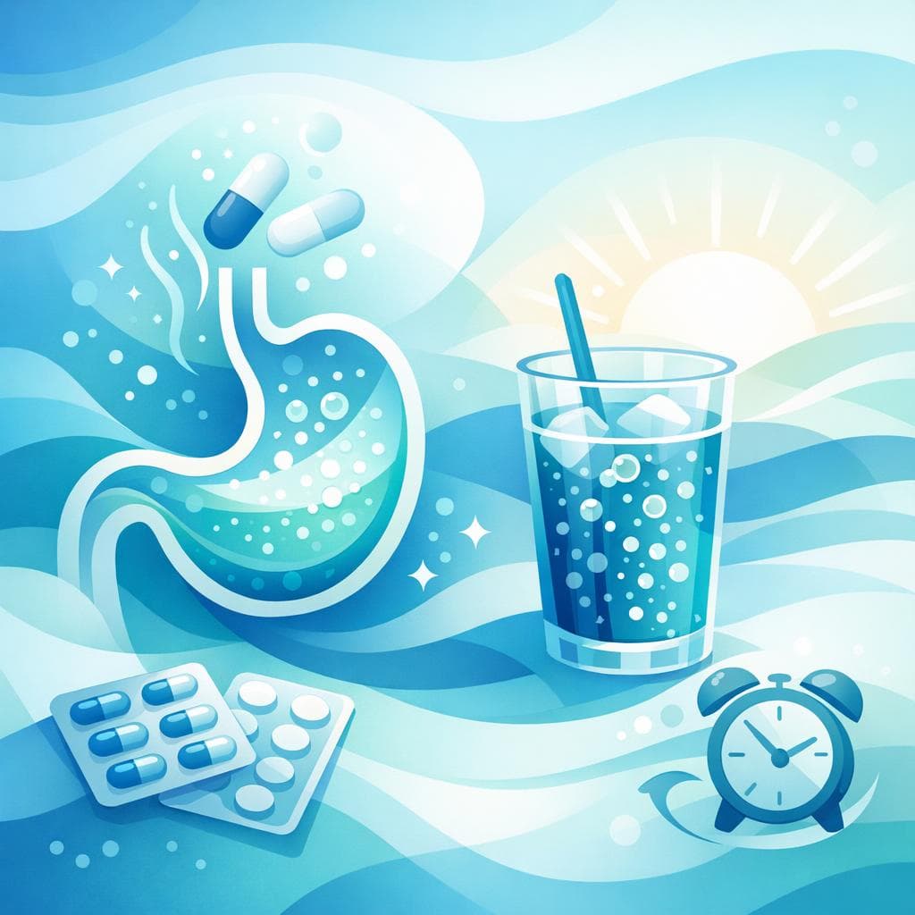 Medical illustration for PubMed 자료 기반 | 오메프라졸을 아침에 복용할 때 소다(탄산음료)를 함께 마셔도 약효나 흡수에 문제가 없나요? - Persly Health Information