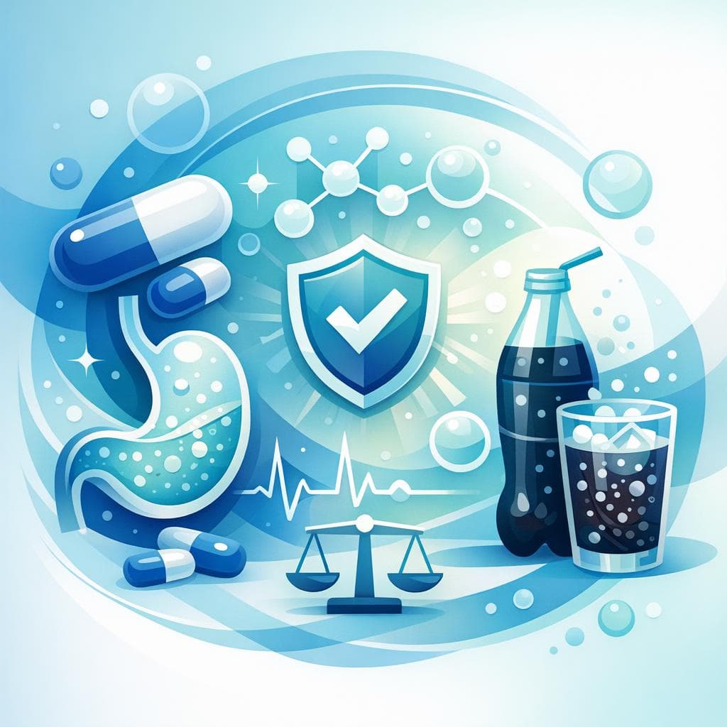 Medical illustration for 미국 NIH 자료 기반 | 오메프라졸을 복용할 때 탄산음료(소다)와 함께 마셔도 되나요? 상호작용이나 안전성 문제는 없나요? - Persly Health Information