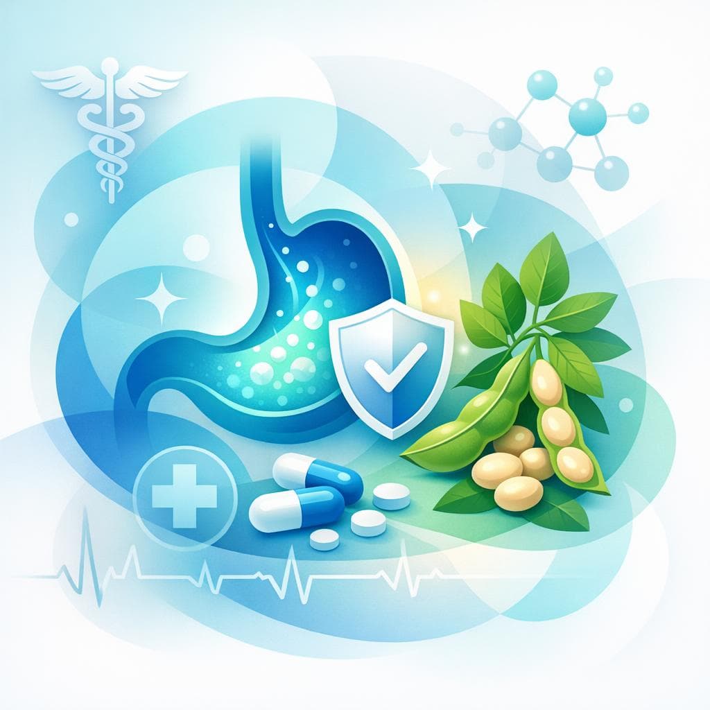 Medical illustration for Based on NIH | Does omeprazole interact with soy products, and is it safe to take if I drink soy milk or have a soy allergy? - Persly Health Information