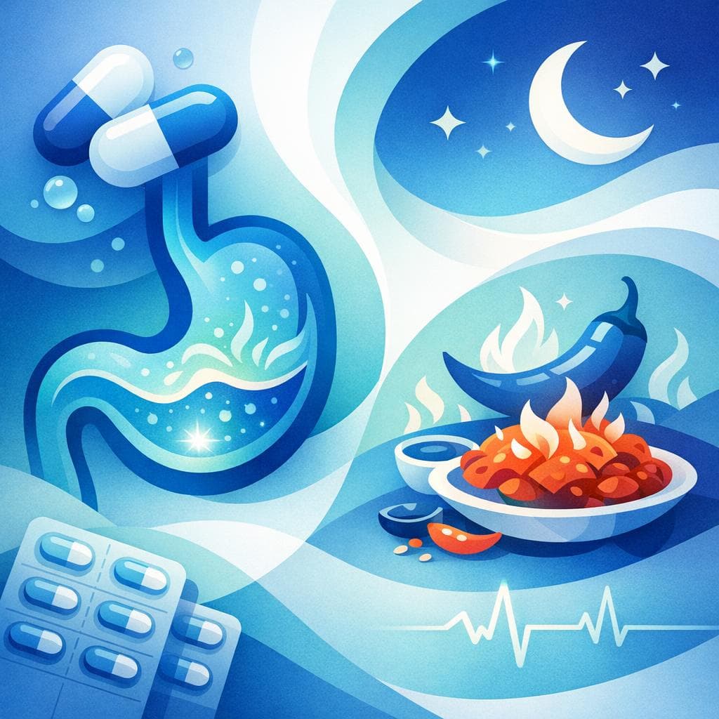 Medical illustration for 미국 NIH 자료 기반 | 밤에 매운 음식을 먹을 예정이라면 속쓰림 예방을 위해 오메프라졸을 언제, 어느 용량으로 복용하는 것이 맞나요? - Persly Health Information