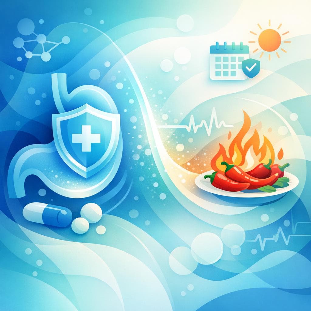 Medical illustration for 미국 NIH 자료 기반 | 매운 음식을 자주 먹는데 속쓰림 예방을 위해 오메프라졸을 매일 복용해도 안전한가요? 장기 복용 시 부작용이나 주의해야 할 점이 있나요? - Persly Health Information