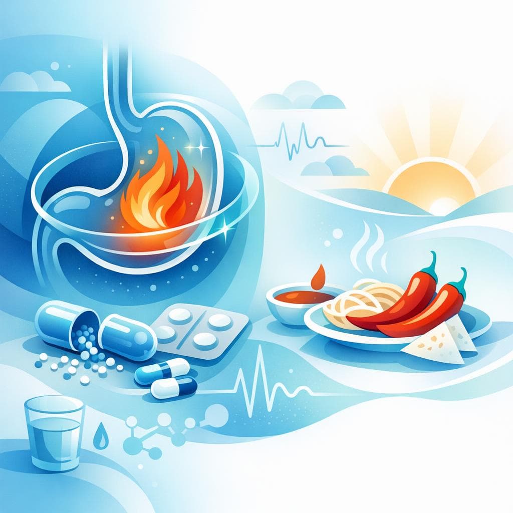 Medical illustration for 미국 NIH 자료 기반 | 오메프라졸을 매일 아침 복용할 때 매운 음식을 함께 먹어도 약효나 안전성에 문제가 없나요? - Persly Health Information