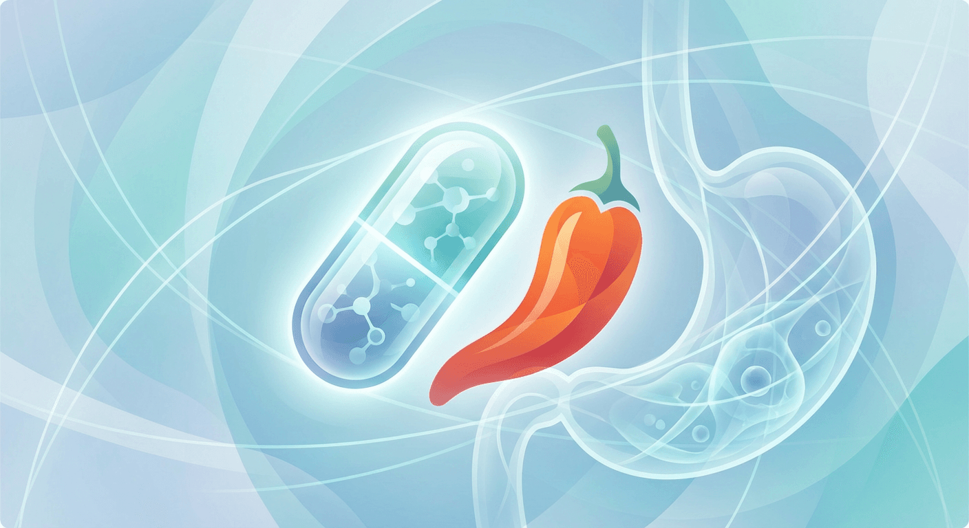 Medical illustration for 오메프라졸을 복용할 때 매운 음식 섭취가 약효나 부작용에 영향을 주나요? - Persly Health Information