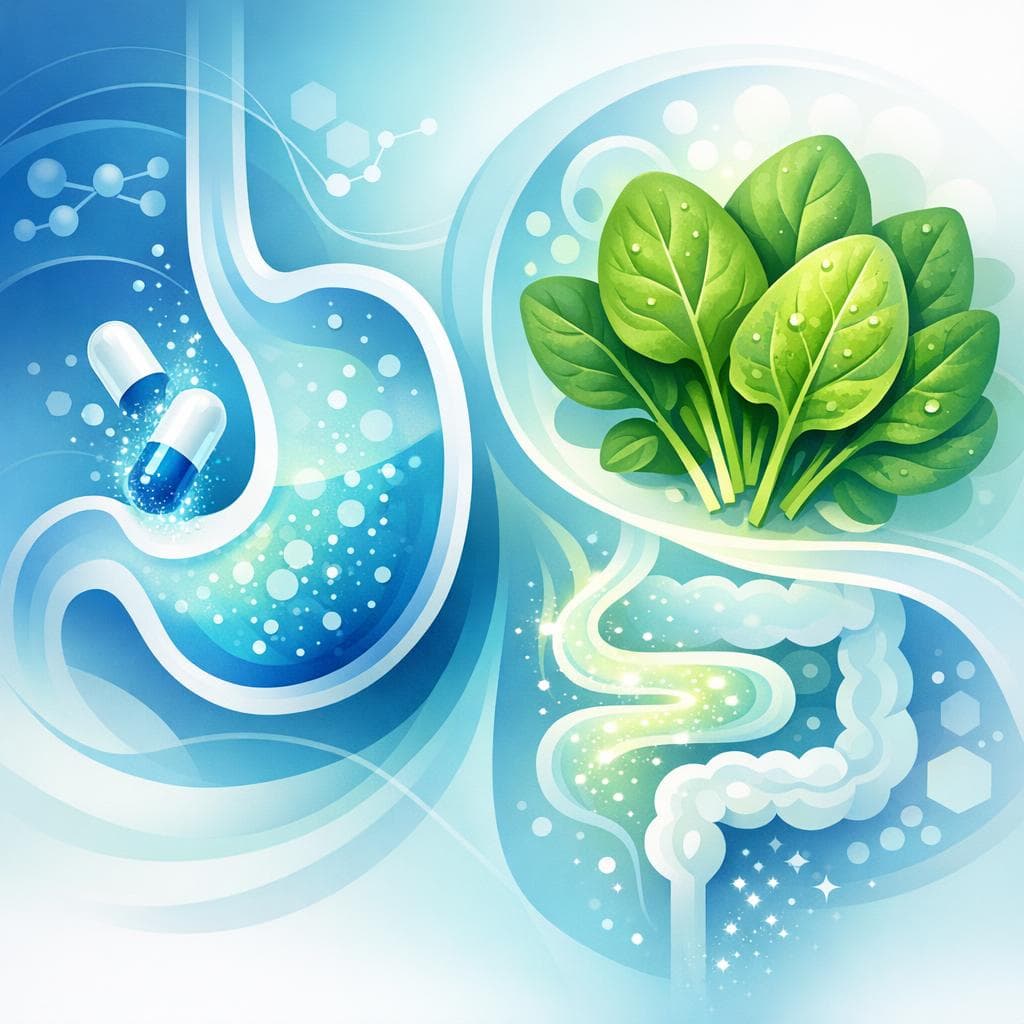 Medical illustration for Based on PubMed | Does eating spinach soon after taking omeprazole affect its absorption or reduce its effectiveness? - Persly Health Information