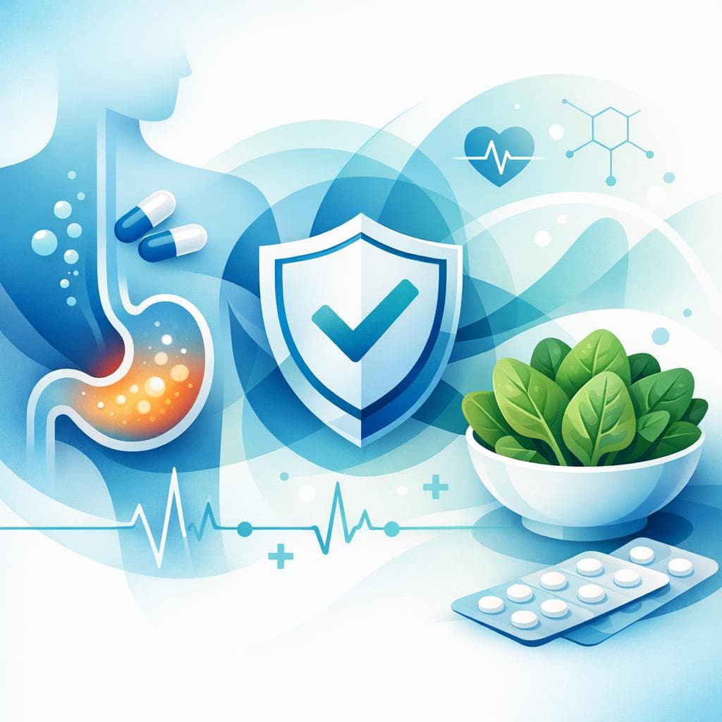 Medical illustration for Based on NIH | Is it safe to eat spinach while taking omeprazole, or does spinach interact with omeprazole in a way that affects its absorption or effectiveness? - Persly Health Information