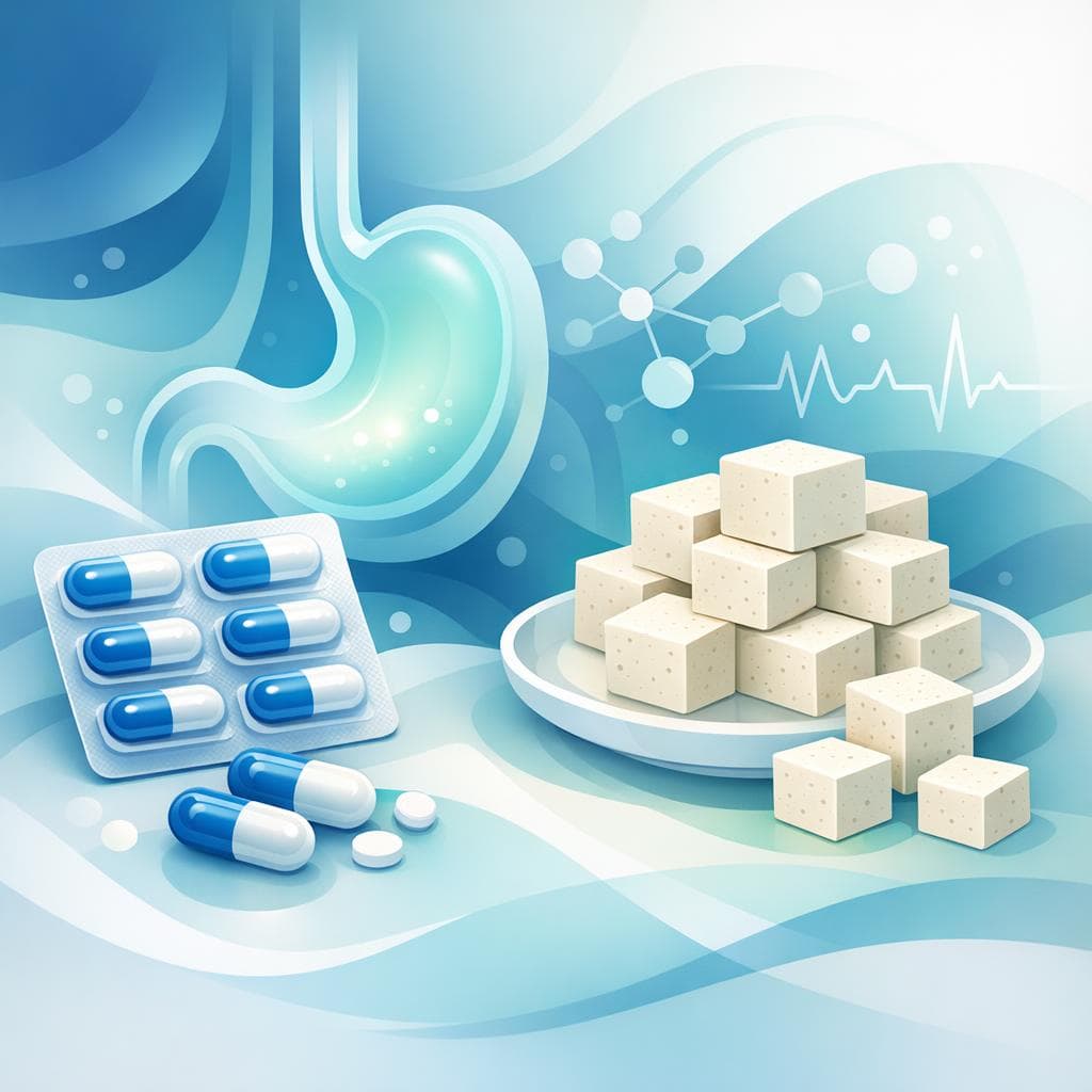 Medical illustration for Based on NIH | Is it okay to eat tofu right before taking omeprazole, or should I wait a certain amount of time to avoid affecting its absorption? - Persly Health Information