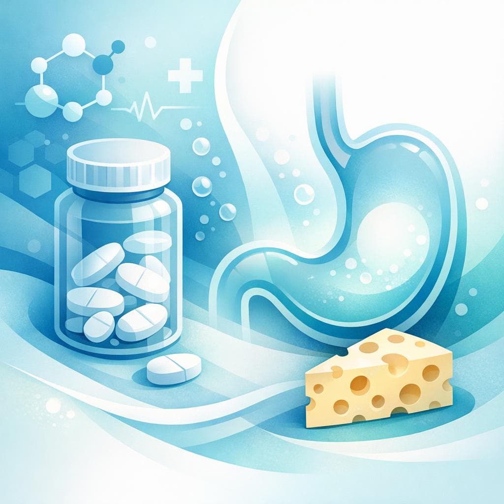 Medical illustration for Based on NIH | Does prednisone have any interaction with cheese or other dairy products, and is it safe to take it on an empty stomach? - Persly Health Information