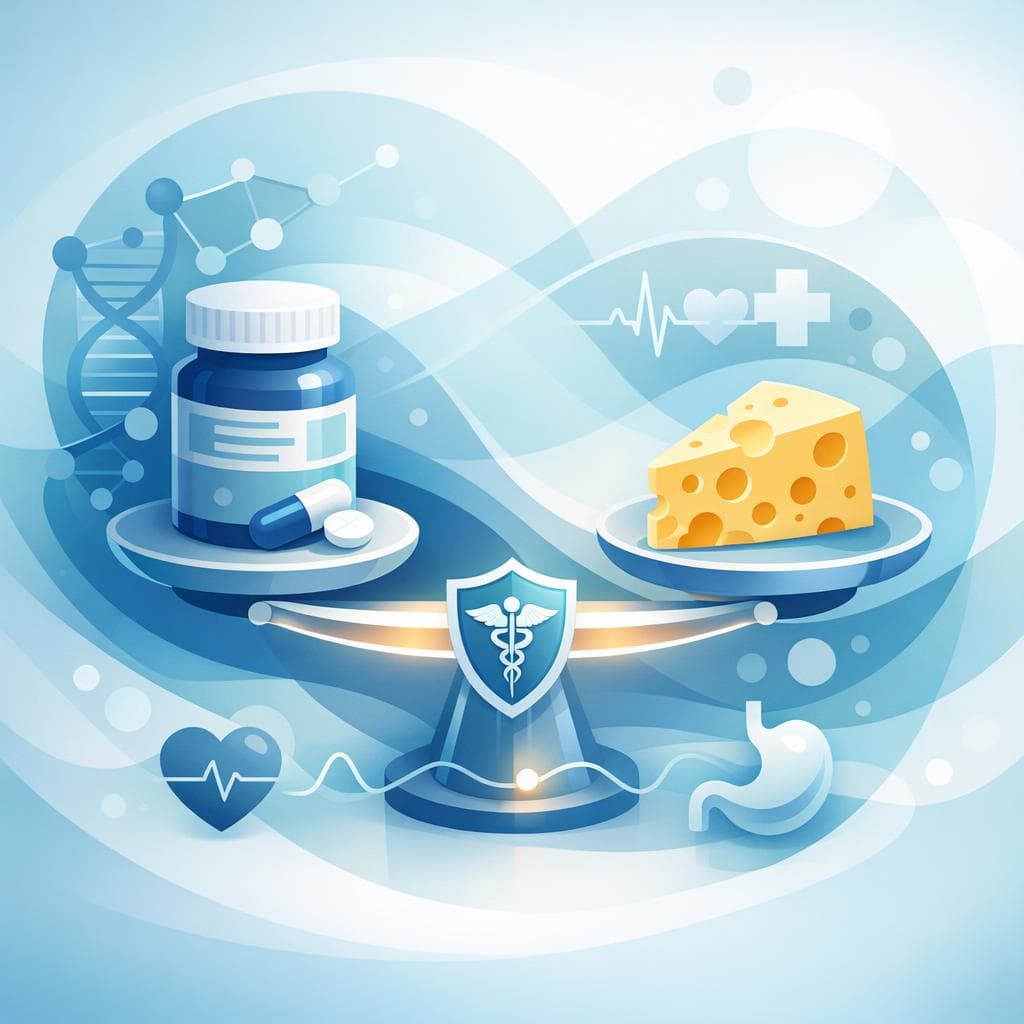 Medical illustration for Based on PubMed | Is it safe to eat cheese while taking prednisone, or is there any interaction I should be aware of? - Persly Health Information
