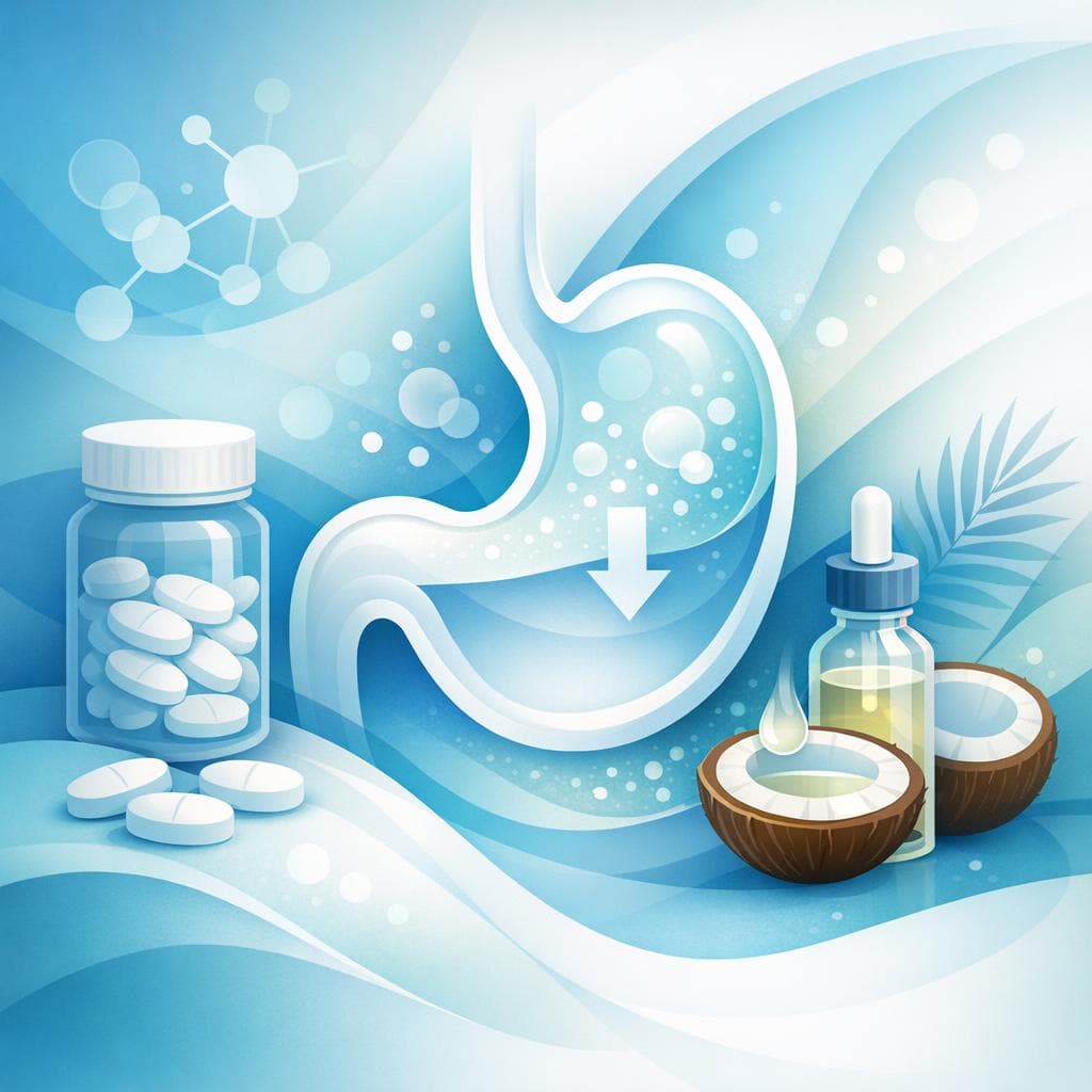 Medical illustration for Based on NIH | Is it safe to take prednisone on an empty stomach with coconut oil, and does coconut oil interact with prednisone or affect its absorption? - Persly Health Information