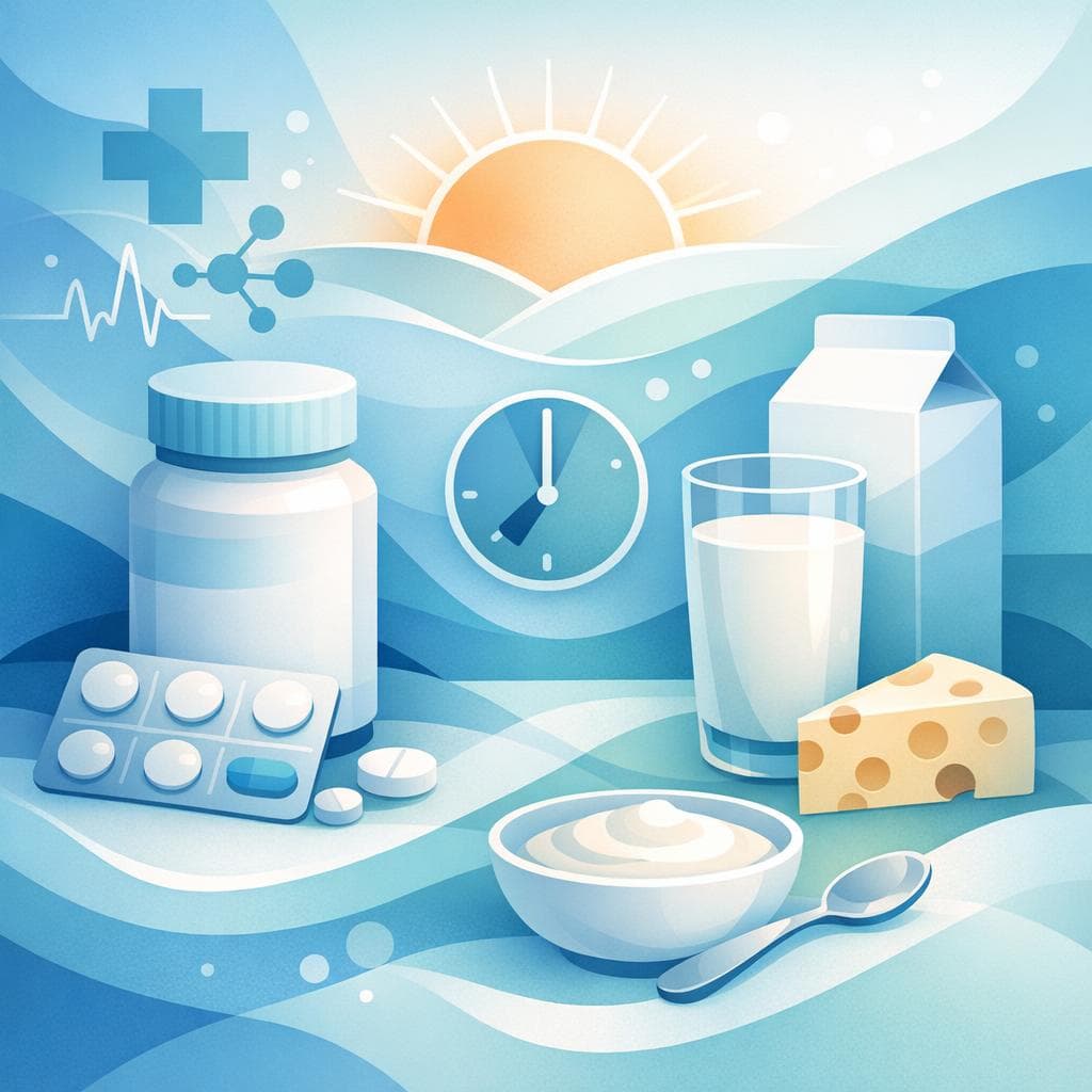 Medical illustration for 미국 NIH 자료 기반 | 프레드니손을 아침에 복용할 때 우유나 요거트 같은 유제품과 함께 먹어도 되나요? 약물 흡수나 위장 자극에 영향이 있나요? - Persly Health Information