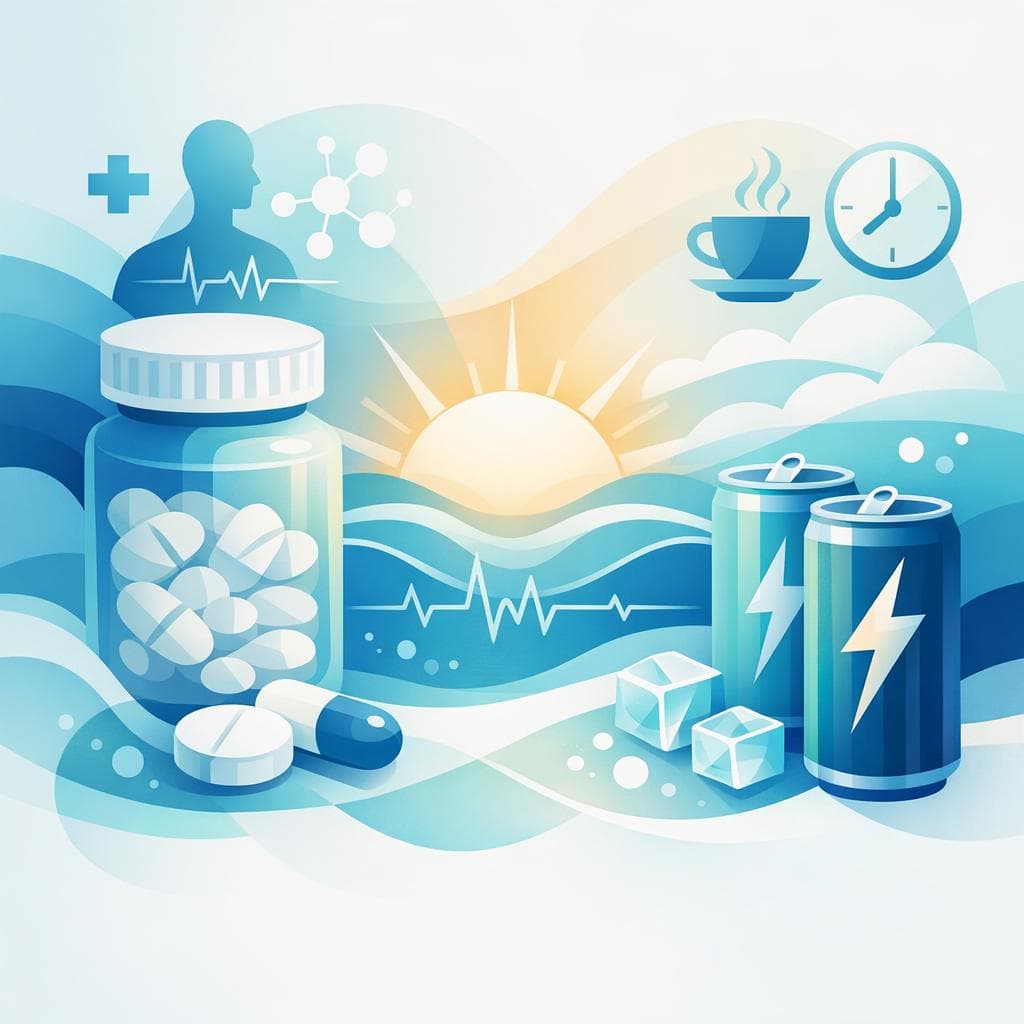 Medical illustration for 미국 NIH 자료 기반 | 프레드니손을 복용 중인데 아침에 에너지 음료를 마셔도 안전한가요? 카페인과의 상호작용이나 혈압 상승, 불면, 위장 자극 같은 부작용 위험이 있나요? - Persly Health Information