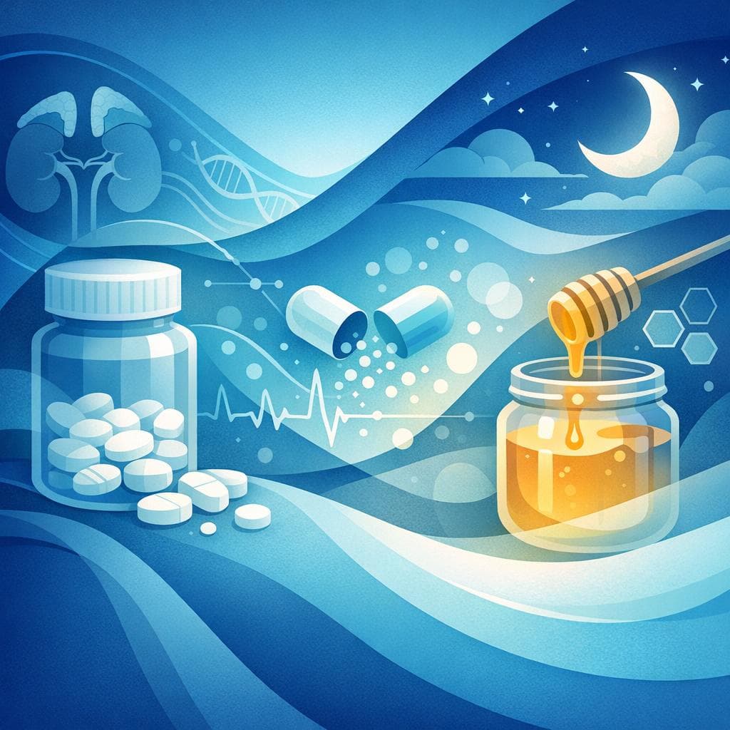 Medical illustration for Based on NIH | Is it safe to take prednisone with honey at night, or could honey interfere with the medication or worsen blood sugar control? - Persly Health Information