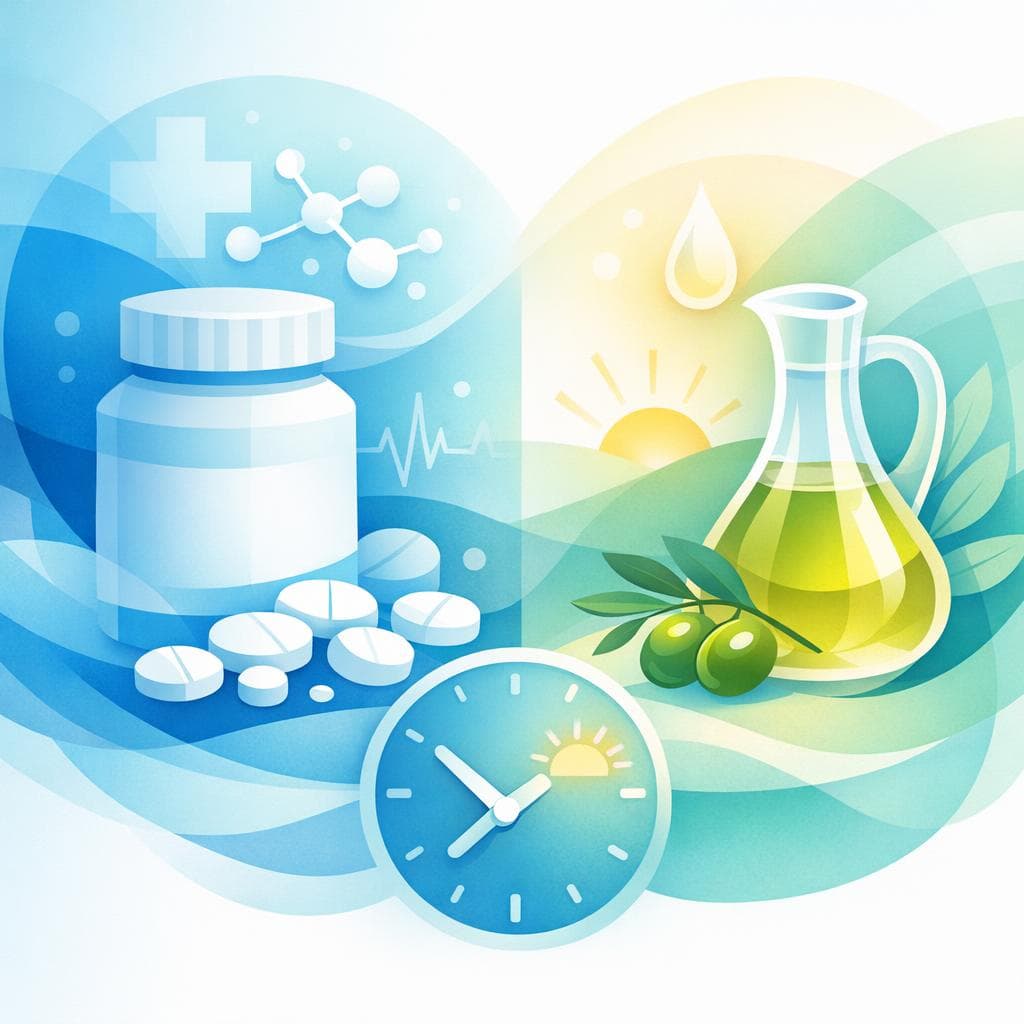Medical illustration for 미국 NIH 자료 기반 | 프레드니손을 아침에 올리브 오일과 함께 복용하면 위장 자극을 줄이거나 약물 흡수·효과에 영향을 준다는 말이 사실인가요? - Persly Health Information