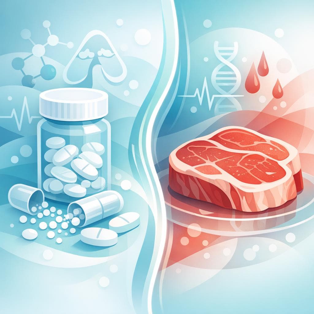 Medical illustration for Based on PubMed | Is it safe to eat red meat shortly before taking prednisone, or does it affect absorption or increase stomach side effects? - Persly Health Information