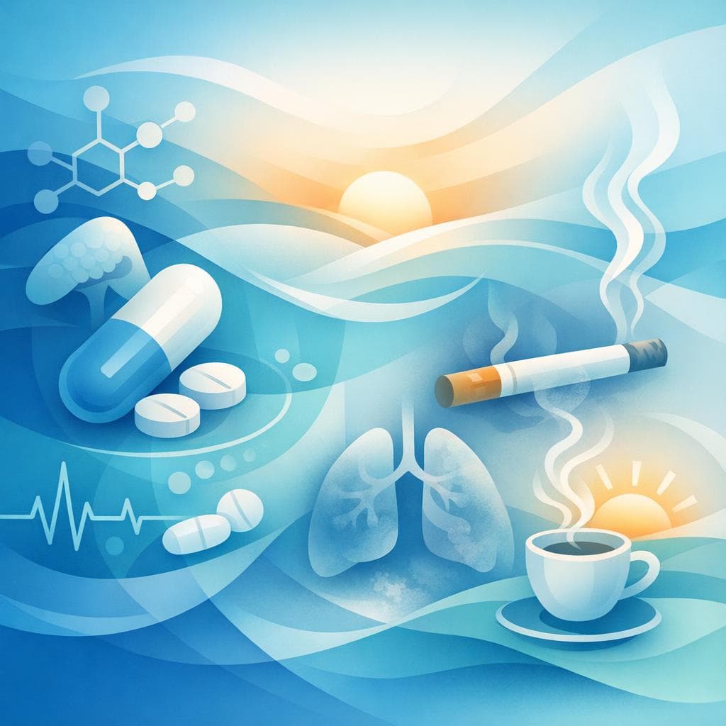 Medical illustration for 미국 NIH 자료 기반 | 프레드니손을 아침에 복용할 때 복용 전후로 담배를 피우면 약물 효과나 부작용에 영향을 주나요? - Persly Health Information