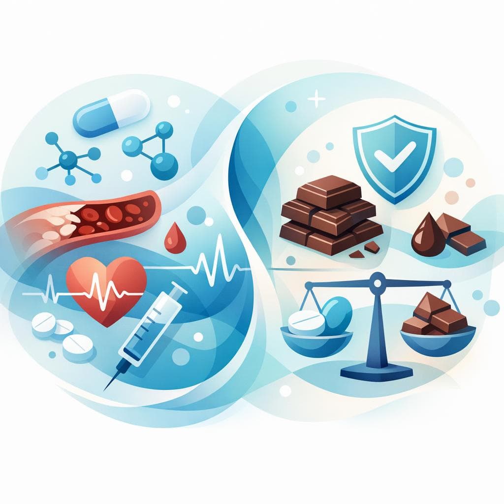 Medical illustration for Based on PubMed | Is it safe to eat chocolate while on warfarin, or can cocoa and dark chocolate interact to alter INR or increase bleeding risk? - Persly Health Information